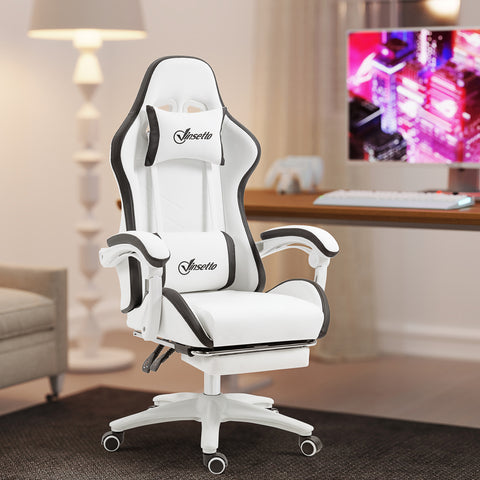Cadeira Gaming Cadeira Gamer Racing de Couro PU com Altura Ajustável Reclinável 135° Apoio para a Cabeça e Apoio para os Pés Retrátil para Escritório Estúdio 65x65x121-129 cm Branco e Preto