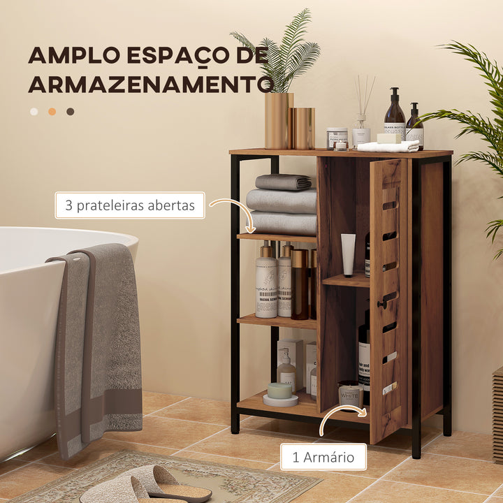 Móvel Auxiliar Casa de Banho Estreito Armário de Casa de Banho com Porta de Ripas e 3 Compartimentos Abertos Prateleira Ajustável para Sala Quarto Entrada 60x30x85 cm Castanho Rústico