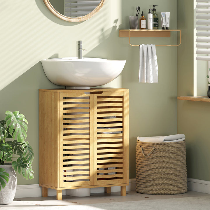 Móvel para Lavatório Pousar Móvel de Casa de Banho de Bambu com 2 Portas de Ripas Prateleira Ajustável para Lavatórios com ou sem Pedestal 60x30x80 cm Madeira