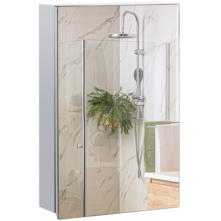 Armário de Casa de Banho com Espelho Armário de Parede para Casa de Banho com Porta e 3 Prateleiras de Armazenamento para Duche 39x12x60cm Prata