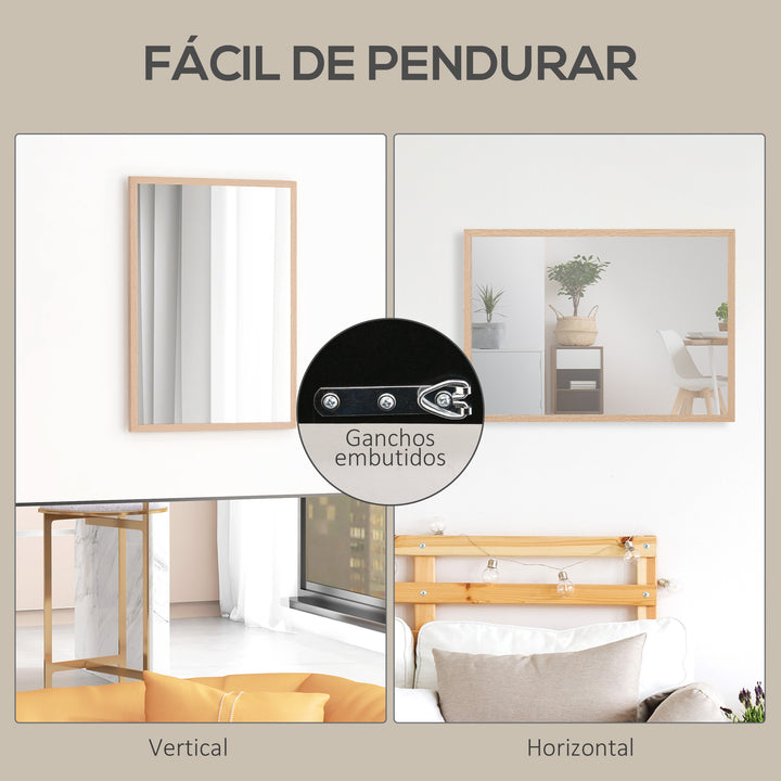 Espelho de Parede Decorativo 50x70 cm Espelho Retangular Espelho de Banheiro com 4 Ganchos Metálicos Estilo Moderno para Sala Quarto Entrada Madeira