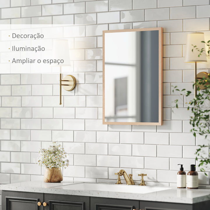 Espelho de Parede Decorativo 50x70 cm Espelho Retangular Espelho de Banheiro com 4 Ganchos Metálicos Estilo Moderno para Sala Quarto Entrada Madeira