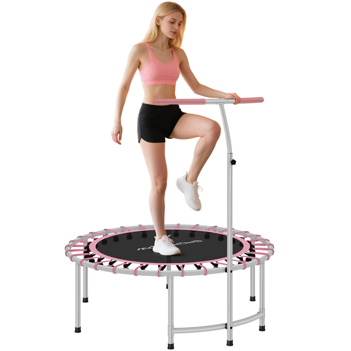 Trampolim de Fitness Adultos Ø102 cm Mini Trampolim Fitness com Pega Ajustável de 5 Níveis Estrutura em Aço para Treino de Pernas Corpo em Casa Escritório Ginásio Rosa