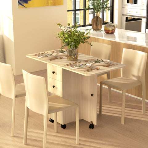 Mesa de Jantar Dobrável com Rodas Mesa Abatível com 2 Gavetas e Armário Mesa Auxiliar Multifuncional para Estúdio Cozinha 120x60x76,5 cm Madeira
