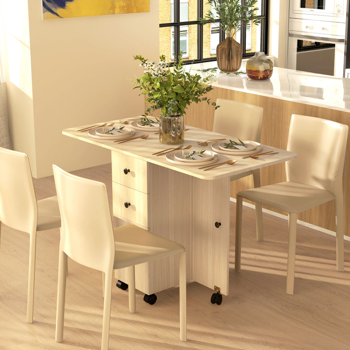 Mesa de Jantar Dobrável com Rodas Mesa Abatível com 2 Gavetas e Armário Mesa Auxiliar Multifuncional para Estúdio Cozinha 120x60x76,5 cm Madeira