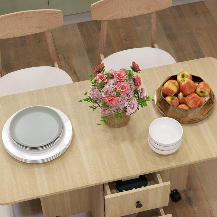 Mesa de Jantar Dobrável com Rodas Mesa Abatível com 2 Gavetas e Armário Mesa Auxiliar Multifuncional para Estúdio Cozinha 120x60x76,5 cm Madeira