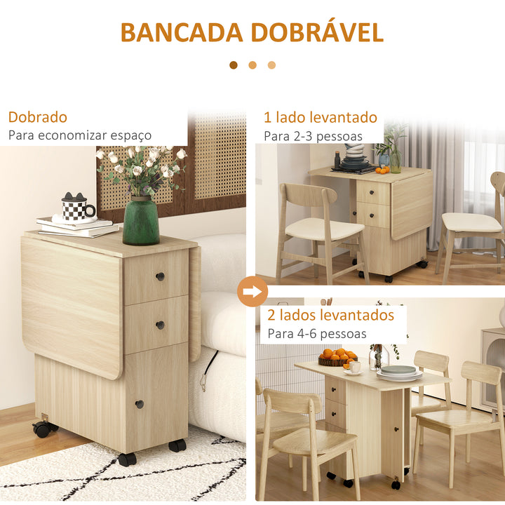 Mesa de Jantar Dobrável com Rodas Mesa Abatível com 2 Gavetas e Armário Mesa Auxiliar Multifuncional para Estúdio Cozinha 120x60x76,5 cm Madeira