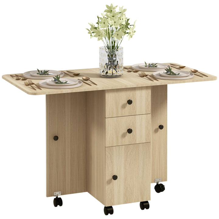 Mesa de Jantar Dobrável com Rodas Mesa Abatível com 2 Gavetas e Armário Mesa Auxiliar Multifuncional para Estúdio Cozinha 120x60x76,5 cm Madeira
