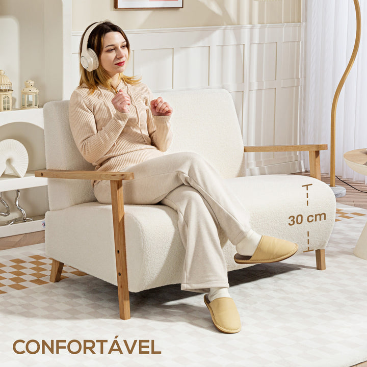 Sofá de 2 Lugares Estofado em Borreguito Sofá de Sala de Estar de 118 cm com Acolchoado Espesso Apoios de Braço e Pés de Madeira para Quarto Sala de Estar 118x76x78 cm Creme