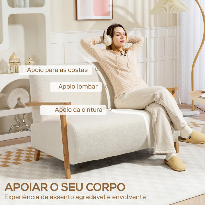 Sofá de 2 Lugares Estofado em Borreguito Sofá de Sala de Estar de 118 cm com Acolchoado Espesso Apoios de Braço e Pés de Madeira para Quarto Sala de Estar 118x76x78 cm Creme