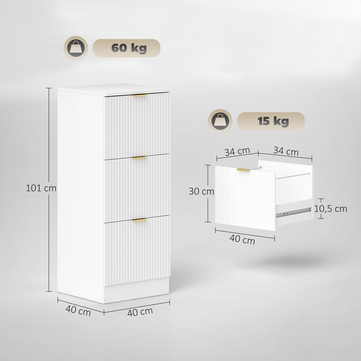 Bloco de Gavetas de Escritório com 3 Gavetas Bloco de Gavetas para Secretária com Frentes Caneladas Móvel para Arquivo para Tamanho A4 ou Carta para Escritório 40x40x101 cm Branco