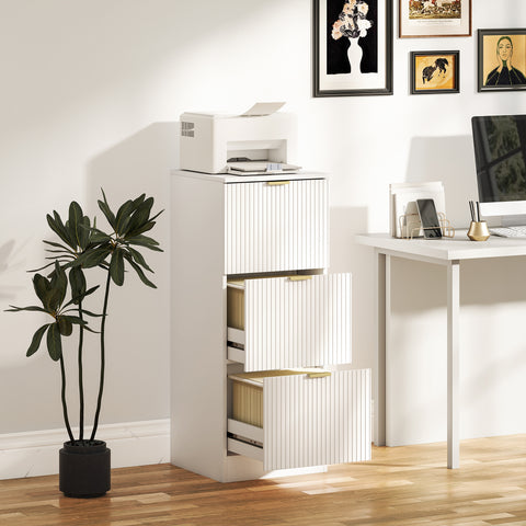 Bloco de Gavetas de Escritório com 3 Gavetas Bloco de Gavetas para Secretária com Frentes Caneladas Móvel para Arquivo para Tamanho A4 ou Carta para Escritório 40x40x101 cm Branco