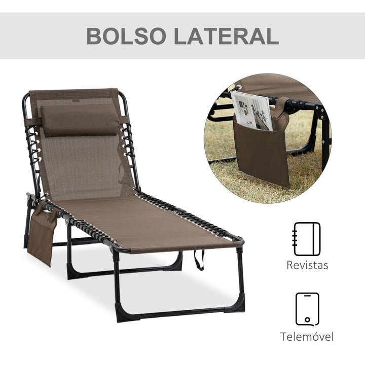Espreguiçadeira Dobrável Espreguiçadeira de Jardim com Encosto Ajustável Apoio para a Cabeça Acolchoado Bolso Lateral e Estrura de Aço 185x58x30 cm Marrom