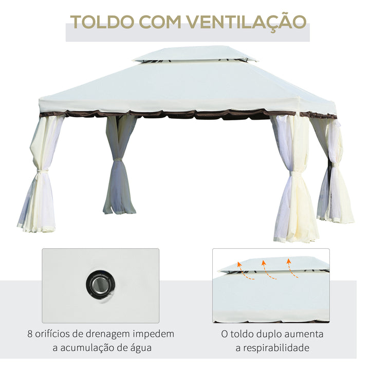 Gazebo de Jardim 4x3 m, Pavilhão de Jardim com Teto Duplo, 4 Cortinas e Mosquiteiro, Estrutura em Alumínio, Orifícios de Drenagem, UPF50+, Tenda para Exterior, Terraço, Pátio, Creme