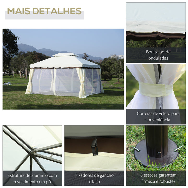 Gazebo de Jardim 4x3 m, Pavilhão de Jardim com Teto Duplo, 4 Cortinas e Mosquiteiro, Estrutura em Alumínio, Orifícios de Drenagem, UPF50+, Tenda para Exterior, Terraço, Pátio, Creme