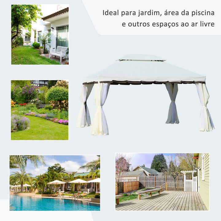 Gazebo de Jardim 4x3 m, Pavilhão de Jardim com Teto Duplo, 4 Cortinas e Mosquiteiro, Estrutura em Alumínio, Orifícios de Drenagem, UPF50+, Tenda para Exterior, Terraço, Pátio, Creme