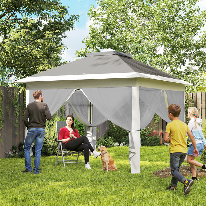 Tenda Dobrável 3,3x3,3 m Pop-Up, Pérgola de Jardim com Altura Ajustável (3 Níveis), Teto Duplo, 4 Mosquiteiros Removíveis e Bolsa de Transporte, Impermeável, Anti-UV para Exterior, Cinzento Escuro