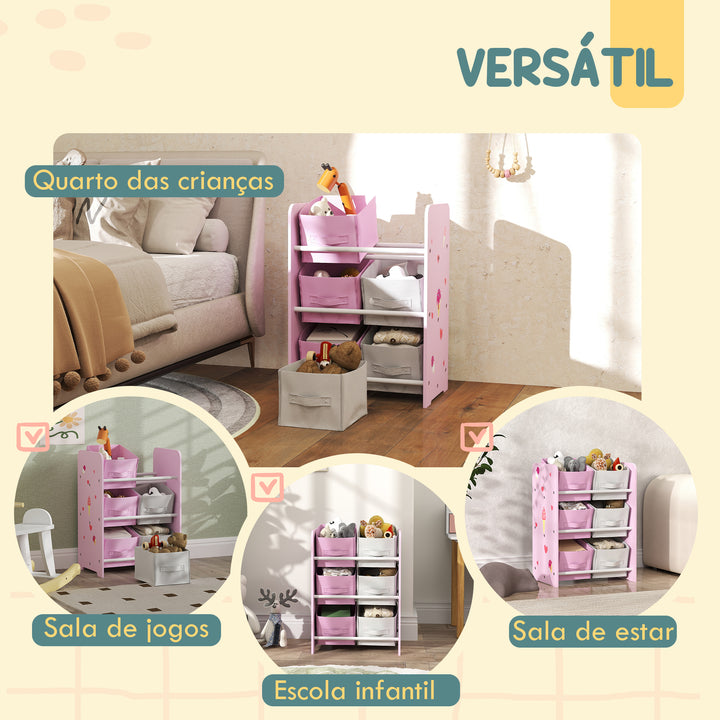 AIYPLAY Estante para Brinquedos com 6 Caixas de Tecido não Tecido Amovíveis Organizador de Brinquedos para Dormitório Escola Infantil 43x30x60 cm Rosa