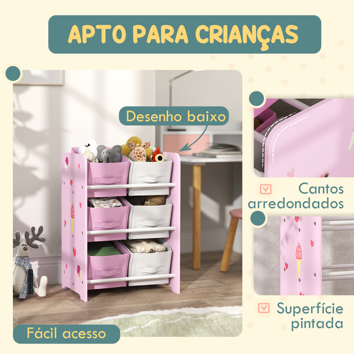 AIYPLAY Estante para Brinquedos com 6 Caixas de Tecido não Tecido Amovíveis Organizador de Brinquedos para Dormitório Escola Infantil 43x30x60 cm Rosa