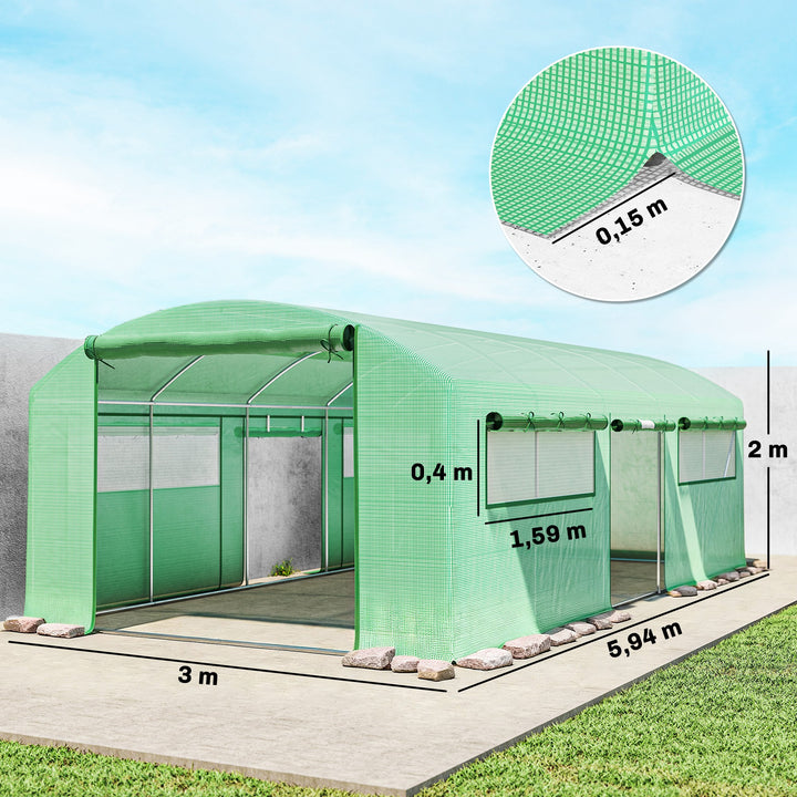 Estufa de Exterior 6x3x2 m, Estufa Tipo Túnel com 3 Portas Enroláveis, Janelas com Rede, Cobertura PE 140g/m² Anti-UV e Estrutura de Aço Galvanizado, para Cultivo de Plantas, Verde