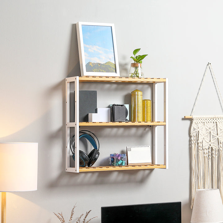 Estante de Parede de Bambu Prateleiras de Parede de 3 Níveis Estante Suspensa para Sala de Estar Dormitório Cozinha Casa de Banho 60x15x54cm Madeira e Branco