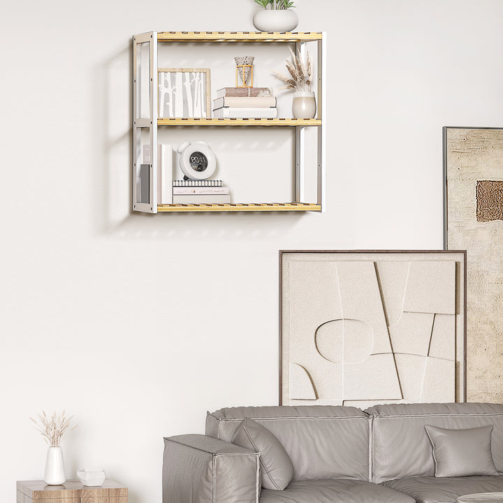 Estante de Parede de Bambu Prateleiras de Parede de 3 Níveis Estante Suspensa para Sala de Estar Dormitório Cozinha Casa de Banho 60x15x54cm Madeira e Branco