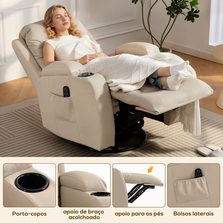 Poltrona de Massagem Reclinável até 145° Poltrona Relax com 8 Pontos de Massagem por Vibração Função de Aquecimento Giratória e Controlo Remoto 82x99x103 cm Creme