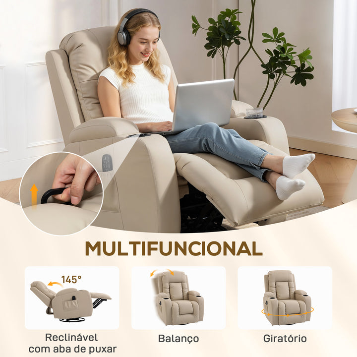 Poltrona de Massagem Reclinável até 145° Poltrona Relax com 8 Pontos de Massagem por Vibração Função de Aquecimento Giratória e Controlo Remoto 82x99x103 cm Creme