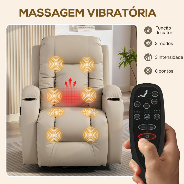 Poltrona de Massagem Reclinável até 145° Poltrona Relax com 8 Pontos de Massagem por Vibração Função de Aquecimento Giratória e Controlo Remoto 82x99x103 cm Creme