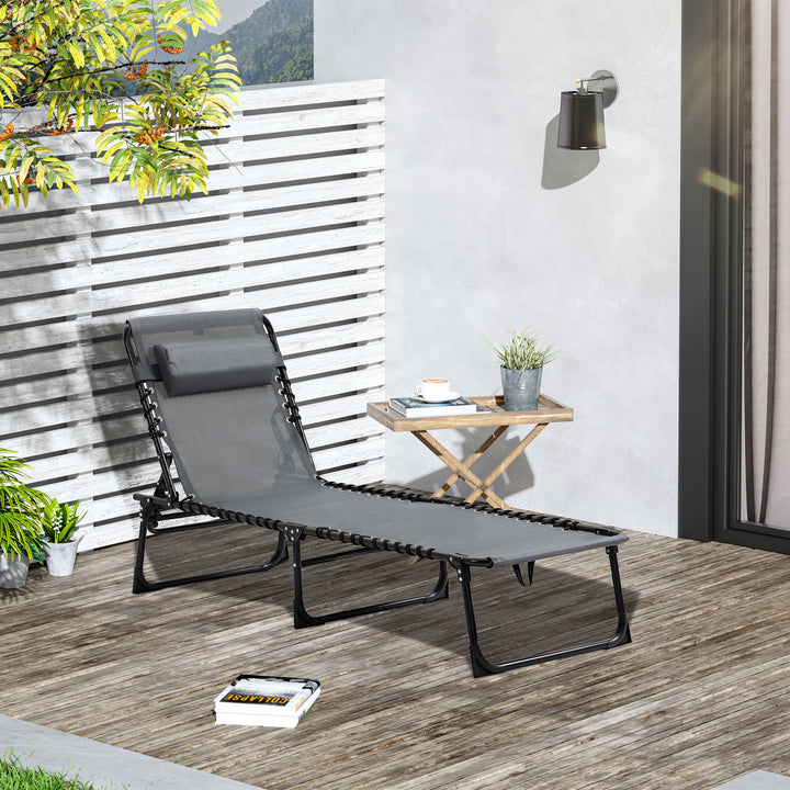 Espreguiçadeira Dobrável Espreguiçadeira de Jardim com Encosto Ajustável Apoio para a Cabeça Acolchoado Bolso Lateral e Estrura de Aço 185x58x30 cm Cinza