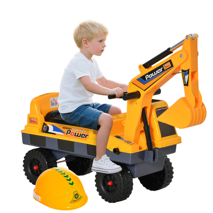 Escavadora Infantil sem Pedais para Crianças de 2-3 anos Carro Andador com Pá Pinça de Agarrar Luzes Música e Armazenamento Oculto 90x28x58cm Amarelo
