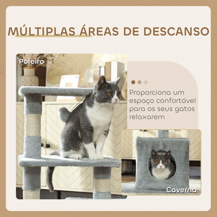 Arranhador para Gatos 50x30x81,5 cm Centro de Múltiplas Atividades para Gatos com Poste de Sisal Plataformas Caverna e Bola Suspensa Cinza