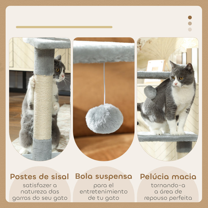 Arranhador para Gatos 50x30x81,5 cm Centro de Múltiplas Atividades para Gatos com Poste de Sisal Plataformas Caverna e Bola Suspensa Cinza