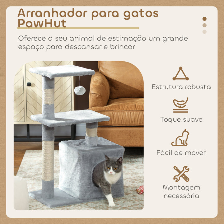 Arranhador para Gatos 50x30x81,5 cm Centro de Múltiplas Atividades para Gatos com Poste de Sisal Plataformas Caverna e Bola Suspensa Cinza