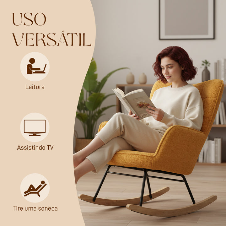 Poltrona Baloiço Poltrona de Sala de Estar Oscilação de 40° com Pés de Madeira de Faia e Estrutura de Aço para Dormitório Carga Máxima 120 kg 71x98x101 cm Amarelo