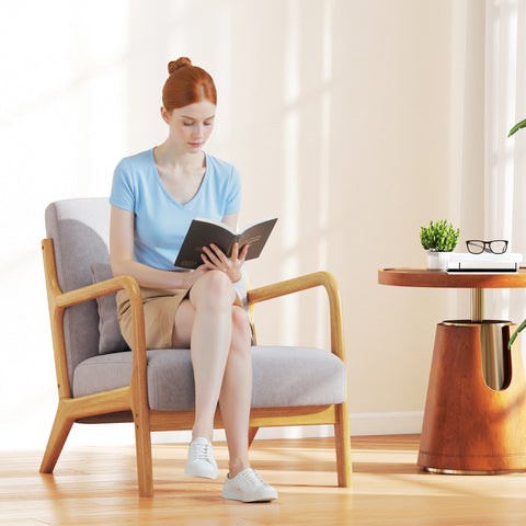 Poltrona Sala de Estar Nórdica Poltrona Individual Acolchoada com Apoio para os Braços e Estrutura de Madeira de Borracha para Dormitório Carga 120 kg 61x78x76 cm Cinza