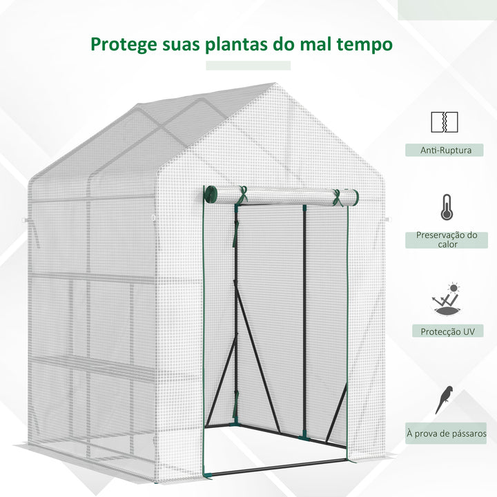 Estufa de Jardim 143x143x195 cm Estufa de Aço com 2 Prateleiras e Porta Enrolável para Cultivos de Plantas Vasos de Flores Pátio Exterior Branco