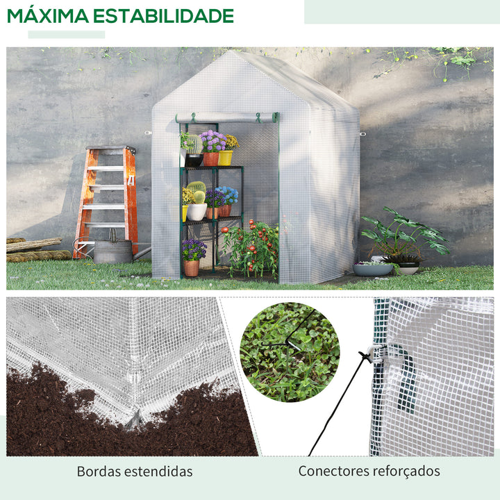 Estufa de Jardim 143x143x195 cm Estufa de Aço com 2 Prateleiras e Porta Enrolável para Cultivos de Plantas Vasos de Flores Pátio Exterior Branco