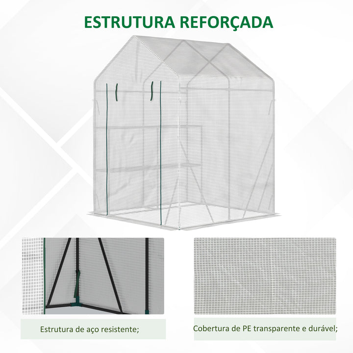 Estufa de Jardim 143x143x195 cm Estufa de Aço com 2 Prateleiras e Porta Enrolável para Cultivos de Plantas Vasos de Flores Pátio Exterior Branco