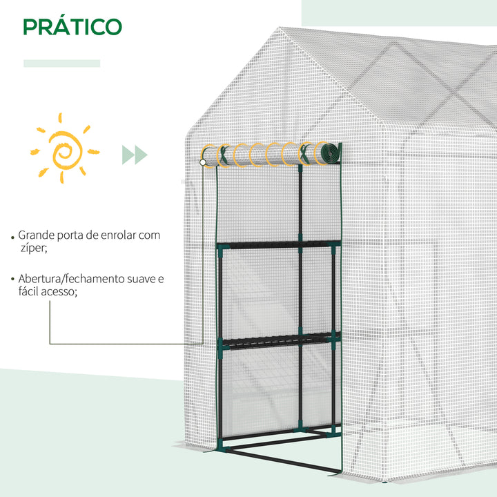 Estufa de Jardim 143x143x195 cm Estufa de Aço com 2 Prateleiras e Porta Enrolável para Cultivos de Plantas Vasos de Flores Pátio Exterior Branco