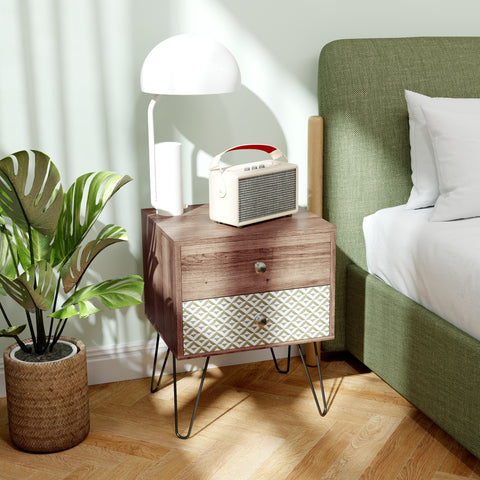 Mesa de Cabeceira com 2 Gavetas Mesa de Noite com Pés de Aço Estilo Boémio Mesa de Cabeceira para Quarto Sala de Estar 45x39x55,5 cm Marrom