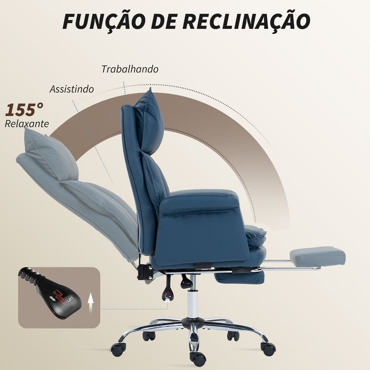 Cadeira de Secretária com Apoio para os Pés Cadeira de Escritório Giratória com Encosto Reclinável e Alto Acolchoado Espesso Estofada em Couro Sintético Suporte Lombar Altura Ajustável Rodas Azul