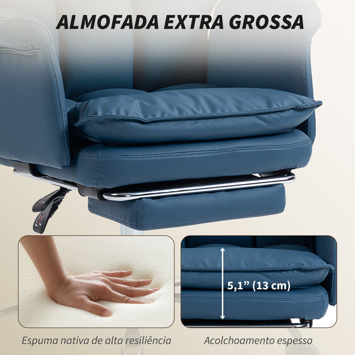 Cadeira de Secretária com Apoio para os Pés Cadeira de Escritório Giratória com Encosto Reclinável e Alto Acolchoado Espesso Estofada em Couro Sintético Suporte Lombar Altura Ajustável Rodas Azul