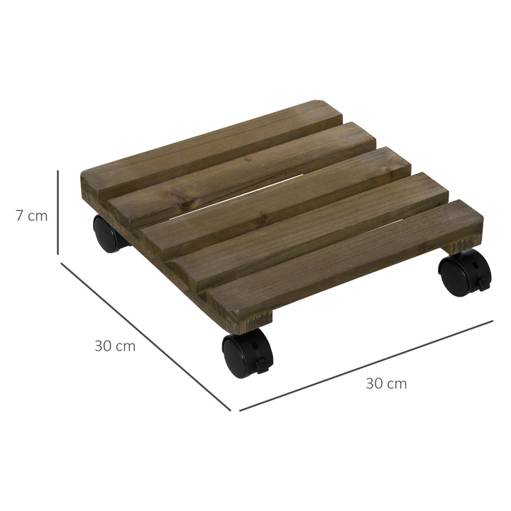 Conjunto de 2 Suportes de Madeira com Rodas Suportes para Plantas com Rodas Giratórias 360° e Travão Bases para Vasos de Interior e Exterior Carga 50 kg Castanho Escuro