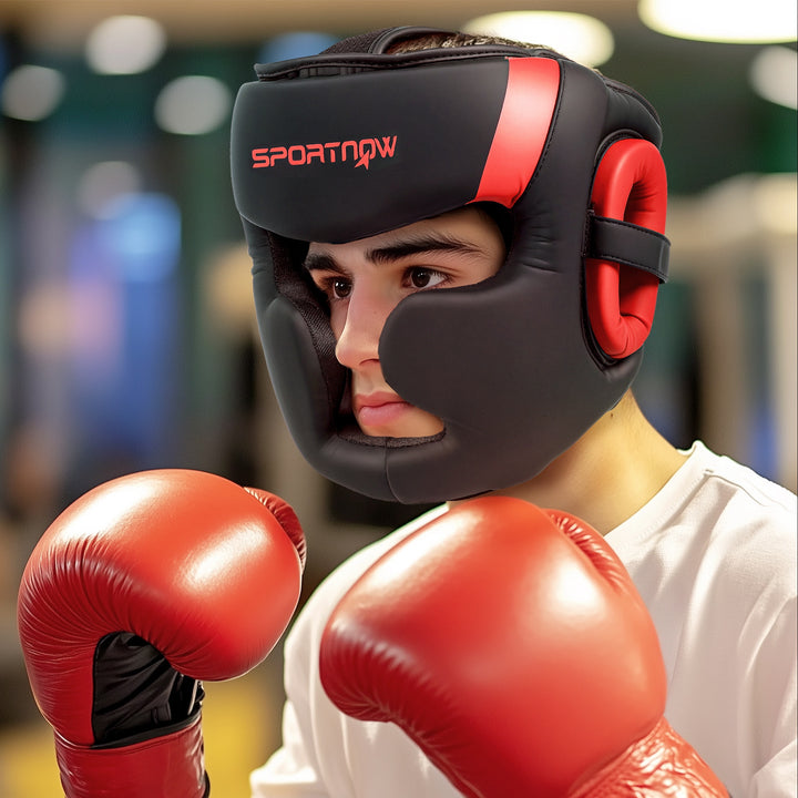 Capacete de Boxe Capacete MMA com Correia Ajustável Protetor de Cabeça para Grappling Sparring Artes Marciais Karate Tamanho L Vermelho e Preto