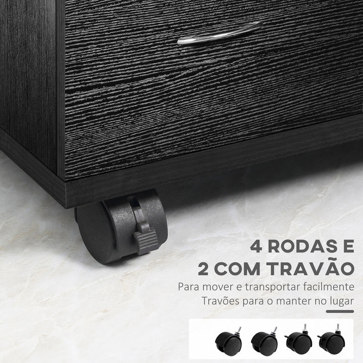 Cómoda de escritório e casa de Madeira com Rodas e 2 gavetas – preto - 41x39x58cm