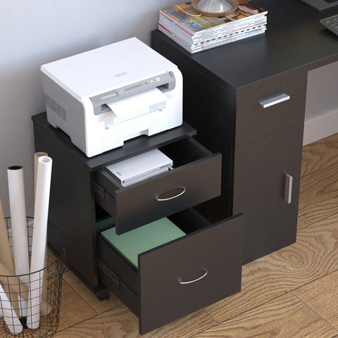 Cómoda de escritório e casa de Madeira com Rodas e 2 gavetas – preto - 41x39x58cm