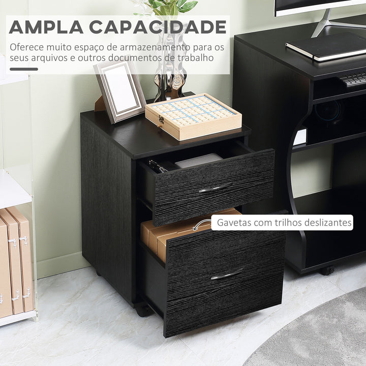 Cómoda de escritório e casa de Madeira com Rodas e 2 gavetas – preto - 41x39x58cm