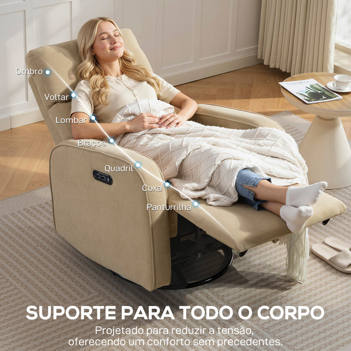 Poltrona Relax Reclinável Elétrica com Motor Duplo, Poltrona de Chenille Giratória e de Balanço com Apoio de Cabeça Ajustável, Portas USB e USB-C, Apoio para os Pés, Botões Iluminados, Bege