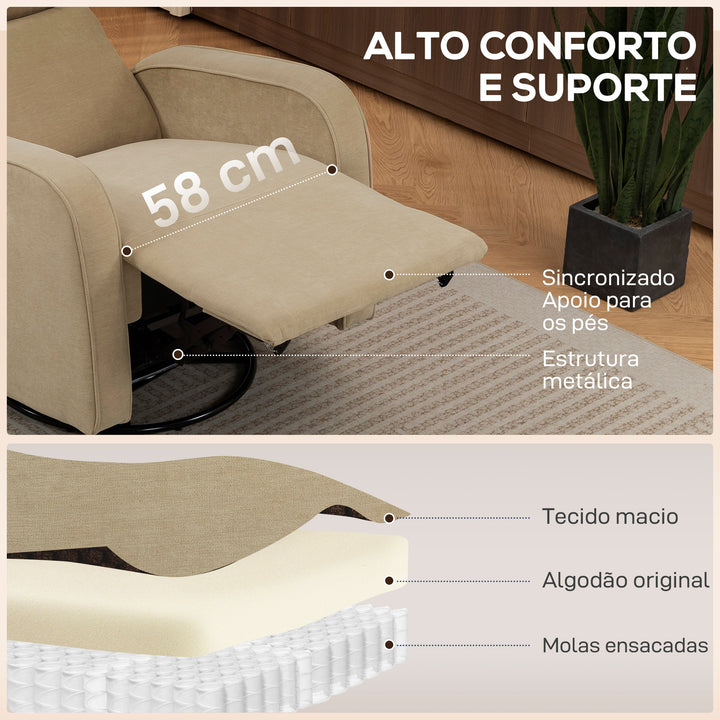 Poltrona Relax Reclinável Elétrica com Motor Duplo, Poltrona de Chenille Giratória e de Balanço com Apoio de Cabeça Ajustável, Portas USB e USB-C, Apoio para os Pés, Botões Iluminados, Bege